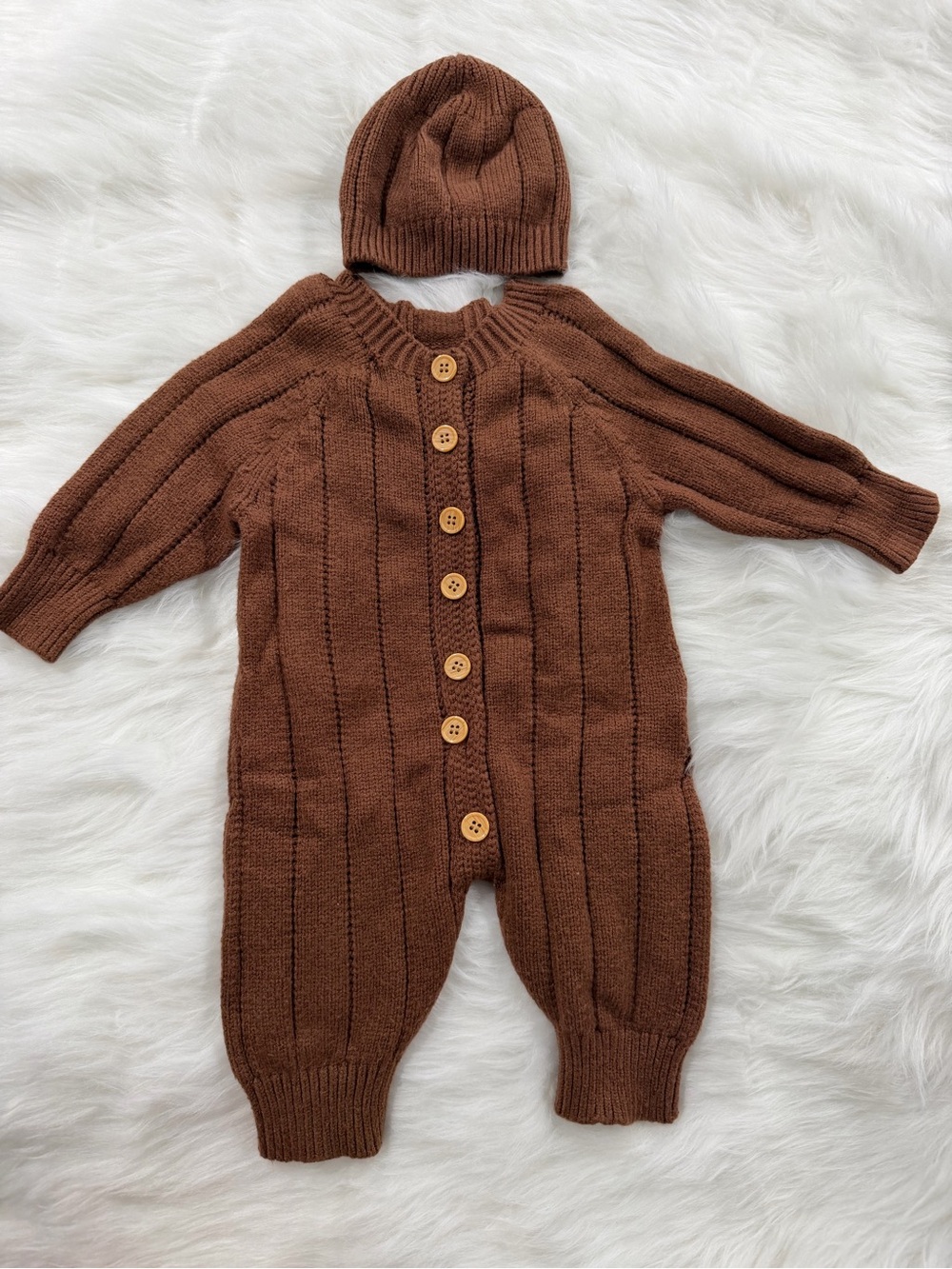 SHEIN Brown Knit Baby Footie with Matching Hat